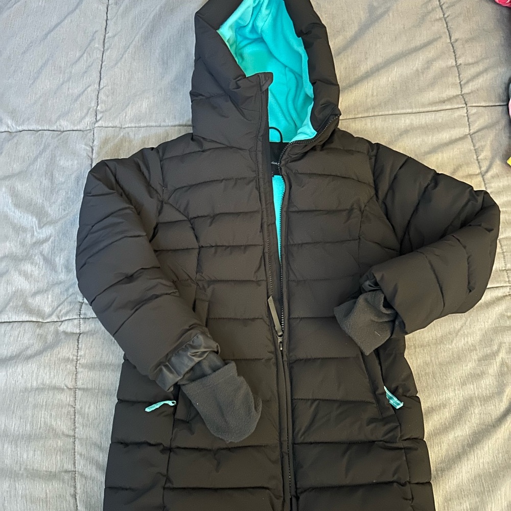 Girls All in Motion Black and Blue Puffer Jacket with Hood